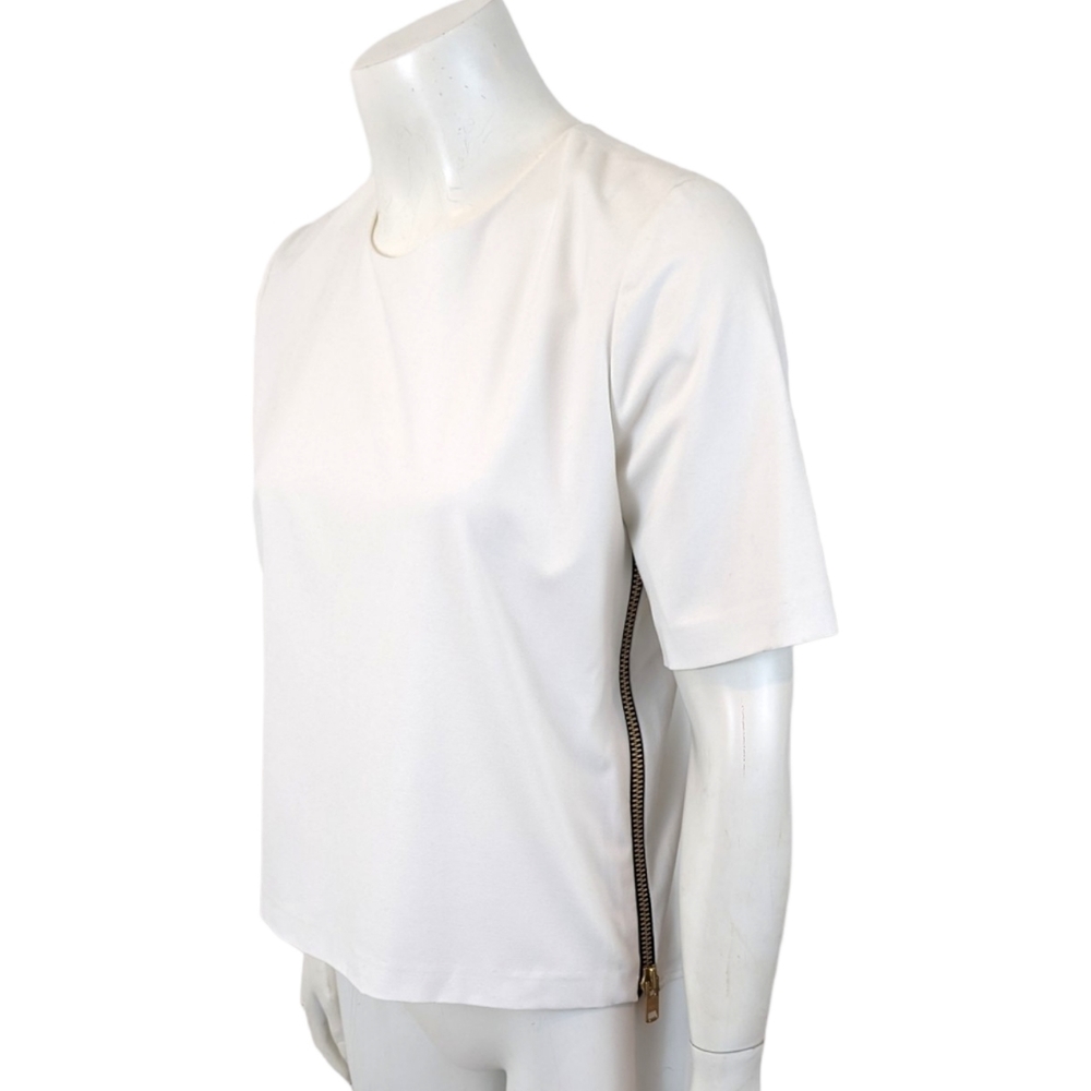 Michelle Mason Side Zipper Blouse Top Womens 2 White Gold  Round Neck Designer